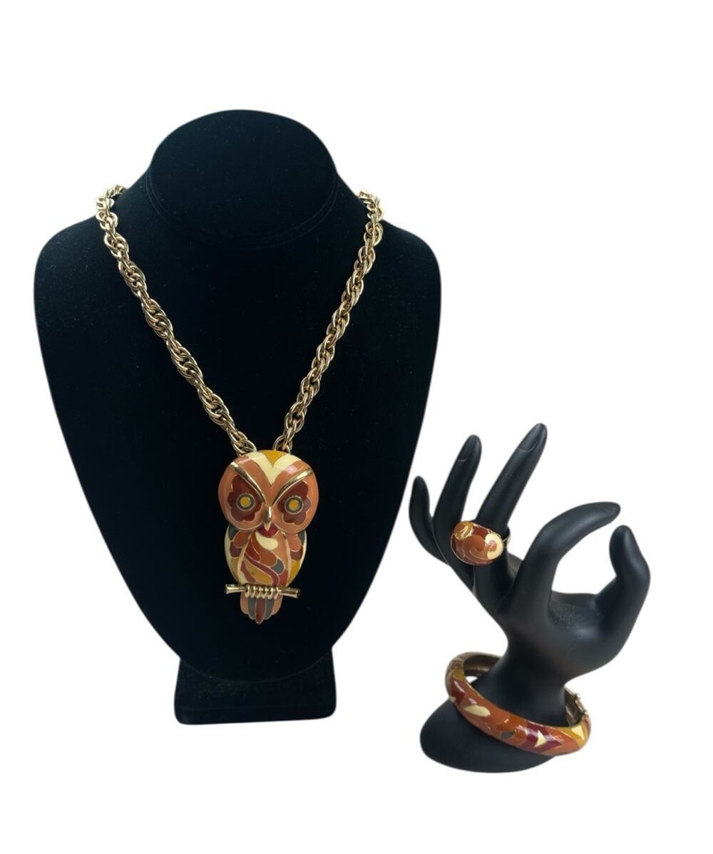 Vintage Eisenberg Figural Owl Enamel Necklace Bracelet Ring Set